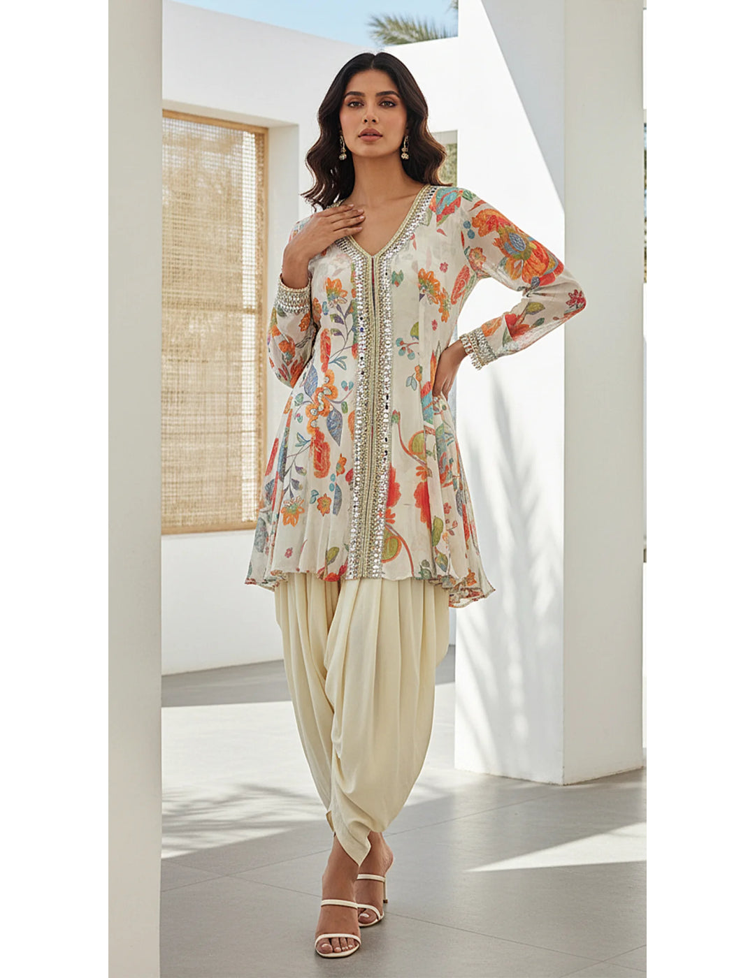 Ivory Georgette Embroidered Peplum Dhoti Set