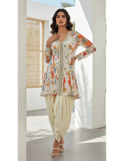 Ivory Georgette Embroidered Peplum Dhoti Set