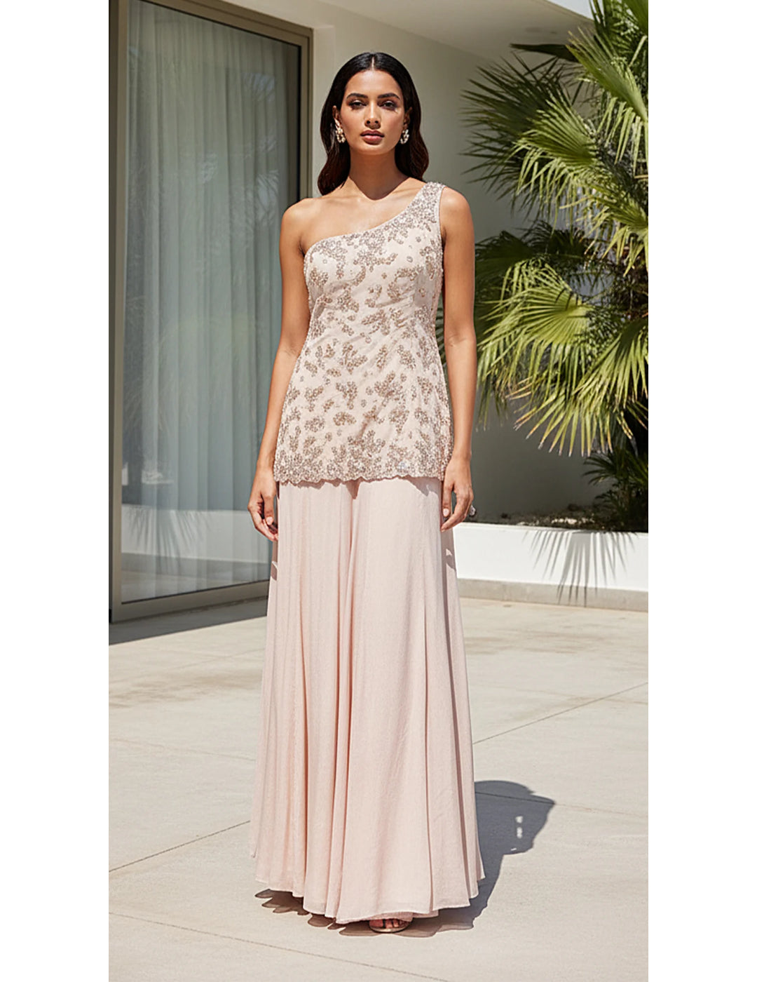 Ivory One-Shoulder Sharara Set