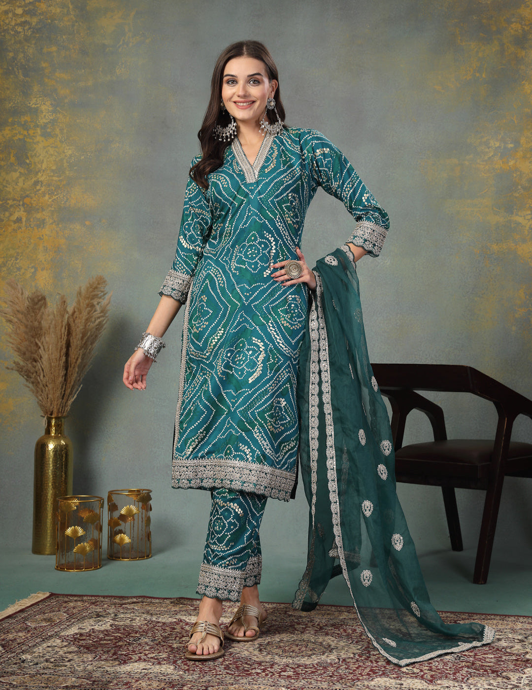 Green Bandhani Printed Kurta Set