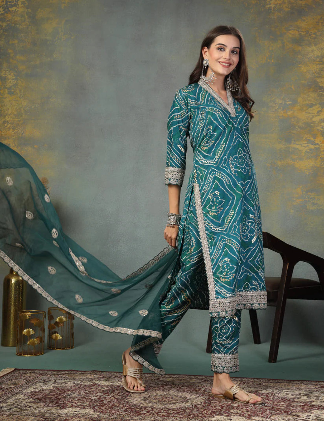 Green Bandhani Printed Kurta Set