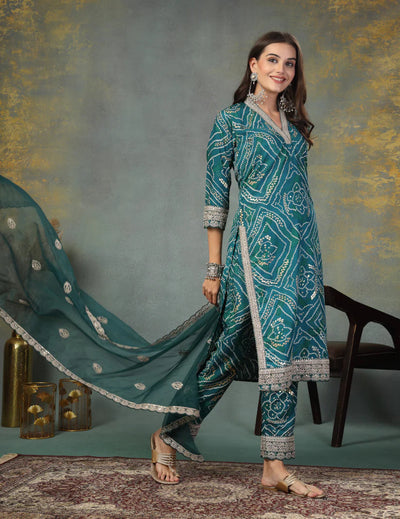 Green Bandhani Printed Kurta Set