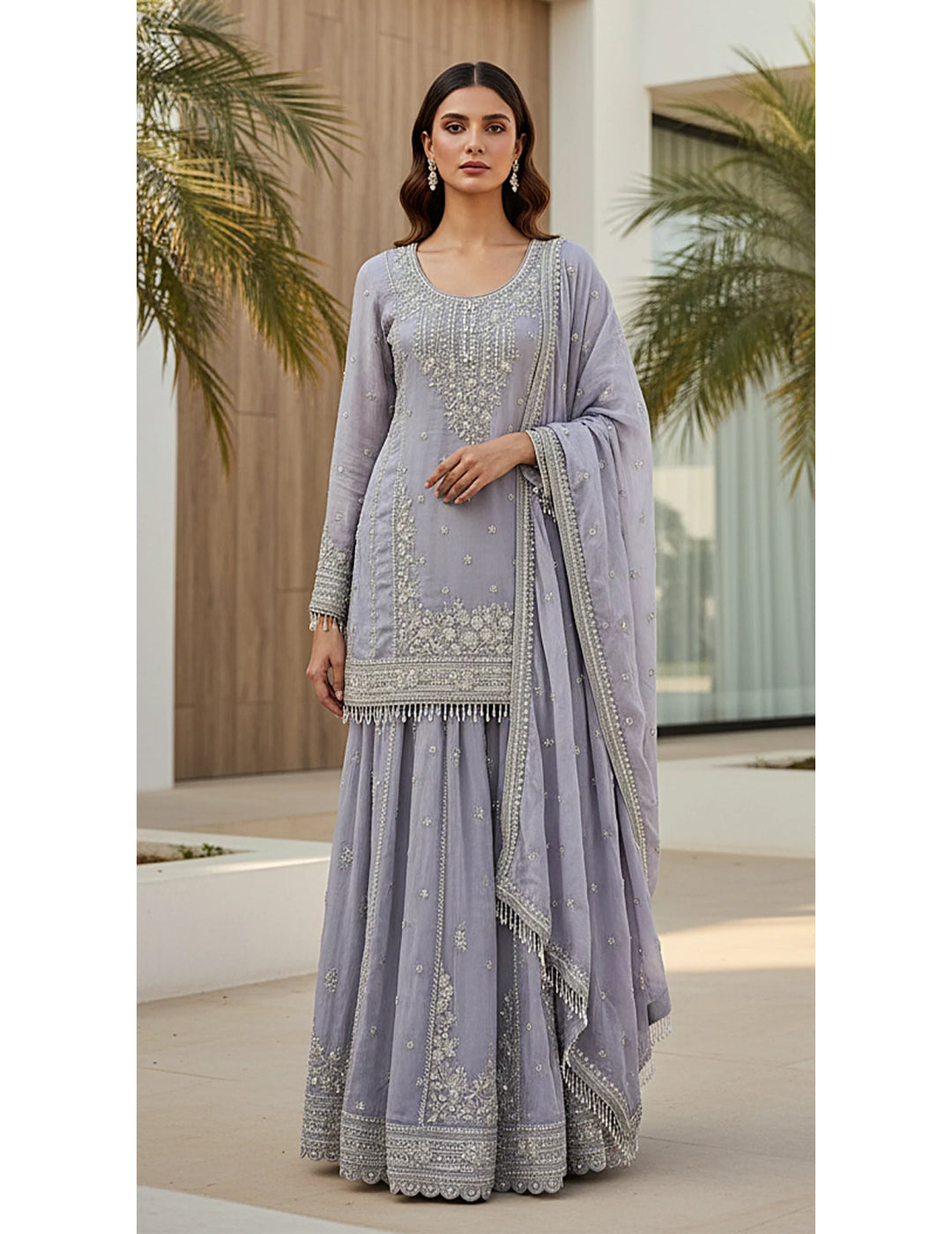 Lilac Tissue Embroidered Sharara Set