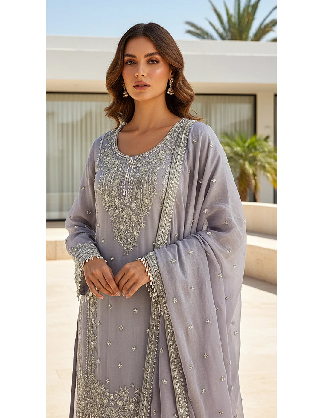 Lilac Tissue Embroidered Sharara Set