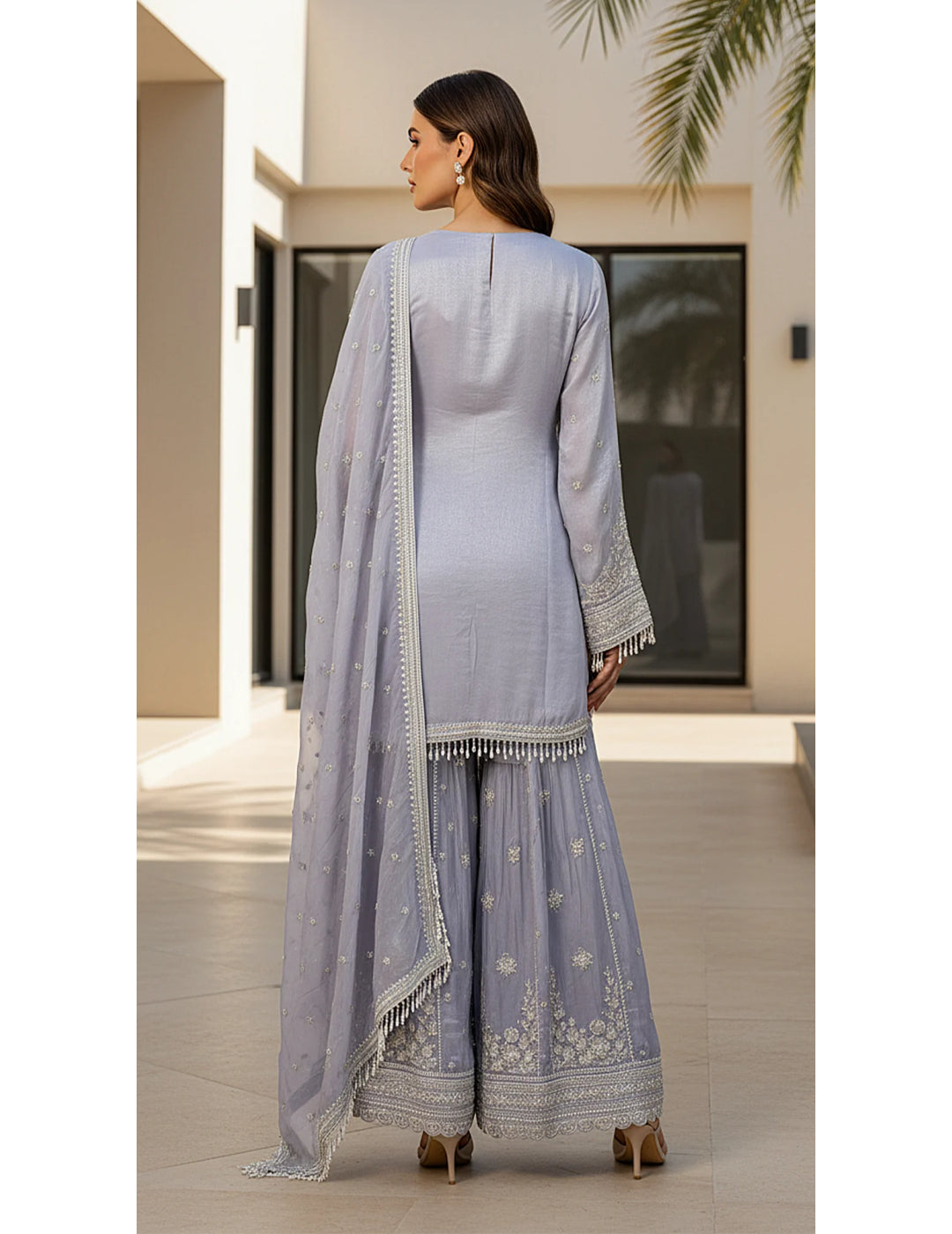 Lilac Tissue Embroidered Sharara Set