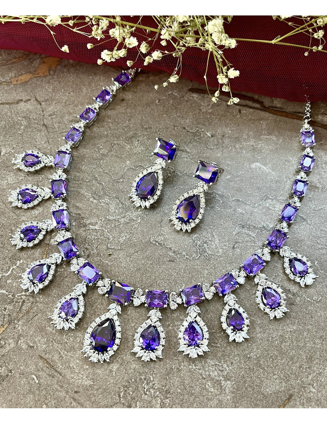 White Finish Zircon & Purple Stone Necklace Set