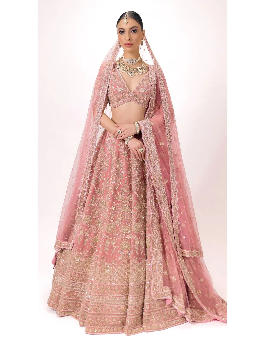 Onion - Pink Velvet Embroidered Lehenga Set with Veil