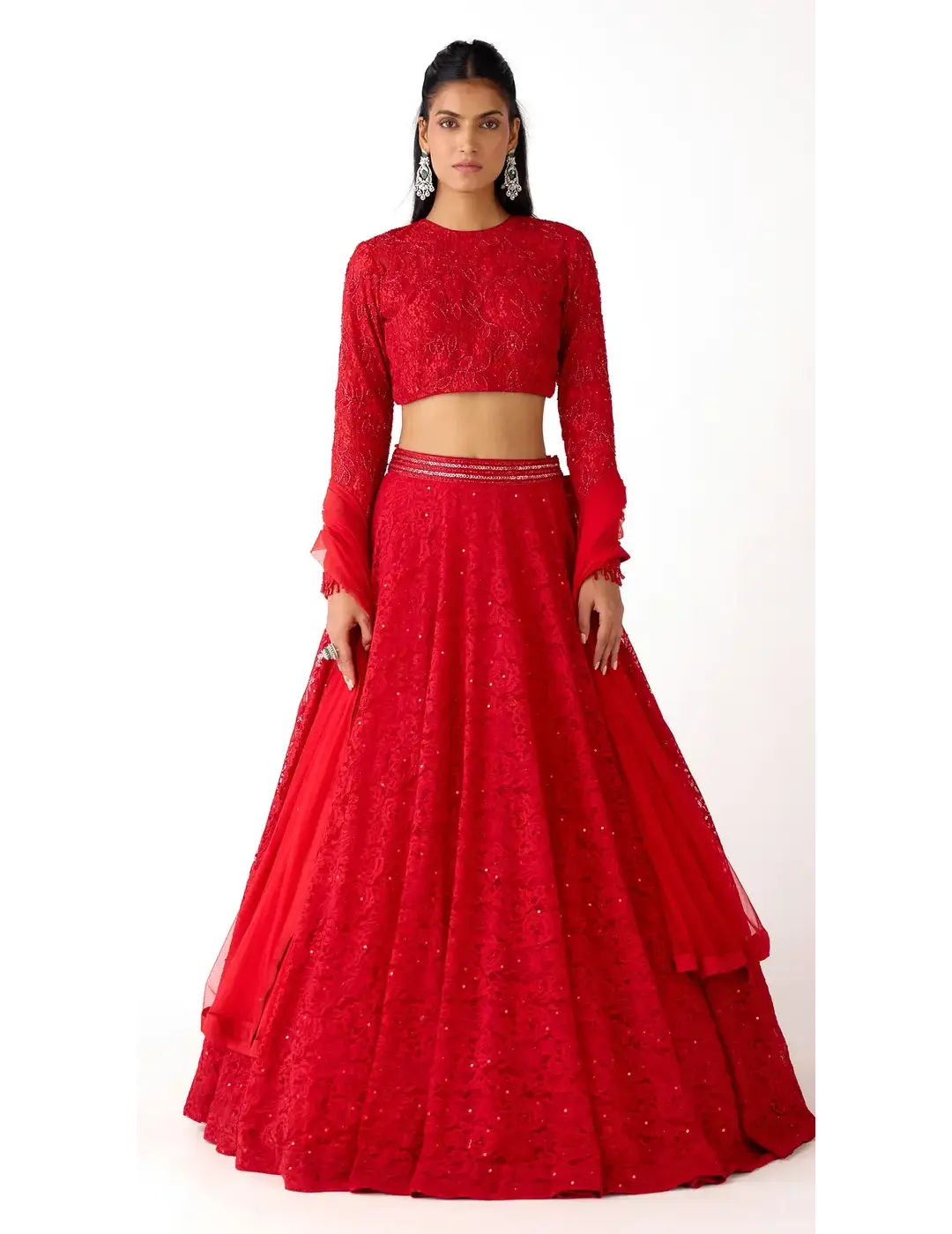 Red Chantilly Net Embroidered Lehenga Set