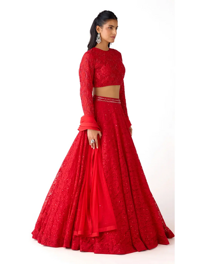 Red Chantilly Net Embroidered Lehenga Set