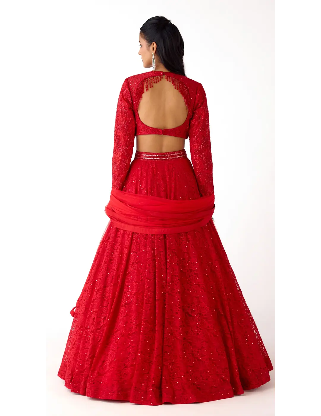 Red Chantilly Net Embroidered Lehenga Set