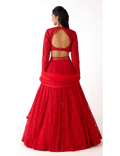 Red Chantilly Net Embroidered Lehenga Set