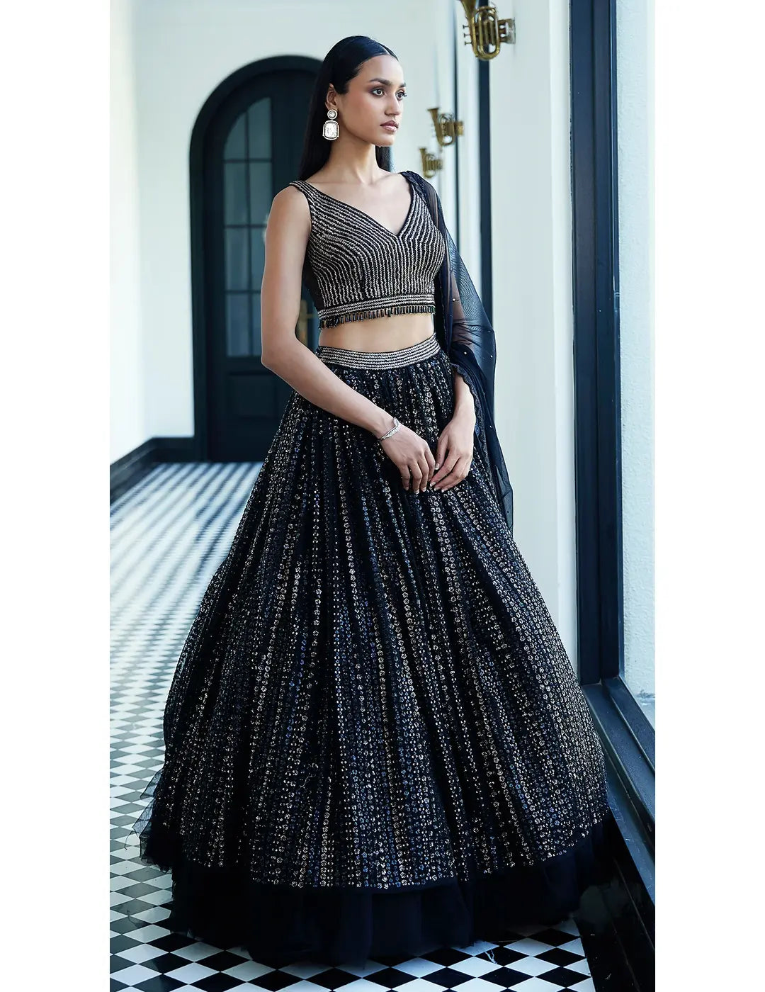 Black Sequins Net Embroidered Lehenga Set