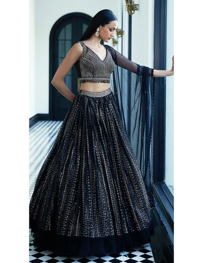 Black Sequins Net Embroidered Lehenga Set