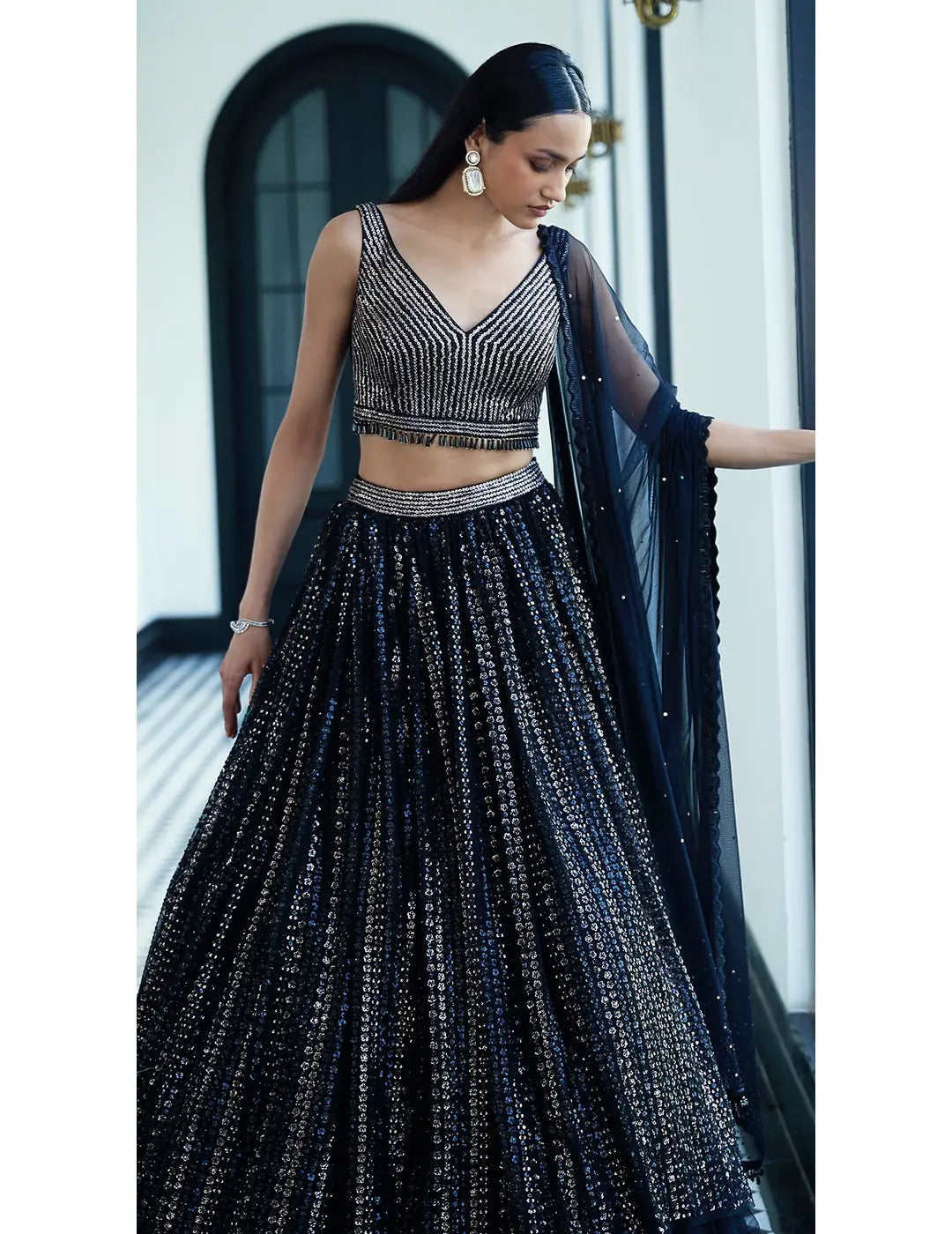 Black Sequins Net Embroidered Lehenga Set