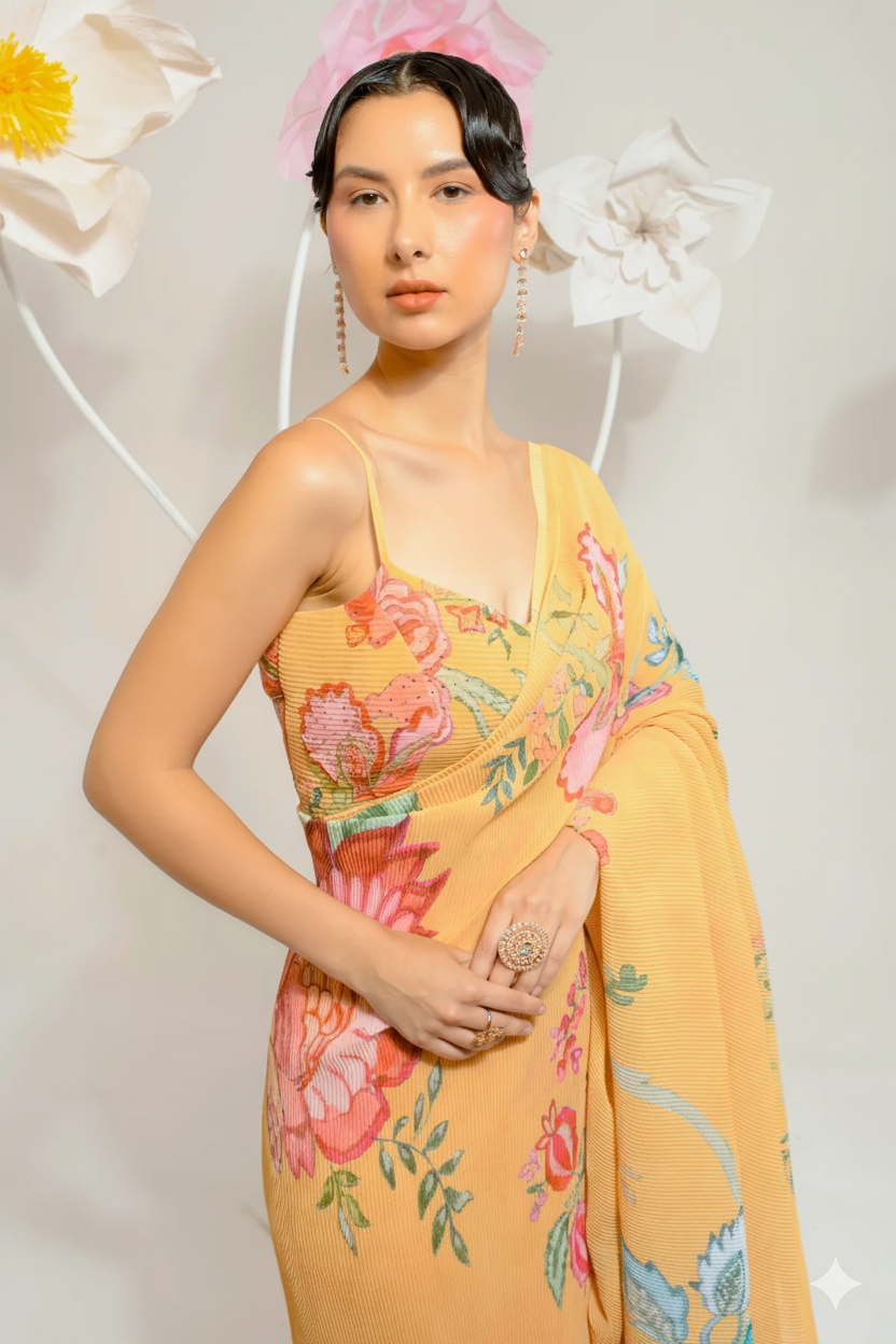 Pre-Draped Chrome Yellow Saree