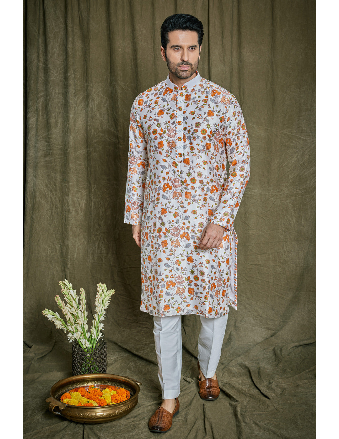 Orange Floral Printed Chanderi Silk Kurta