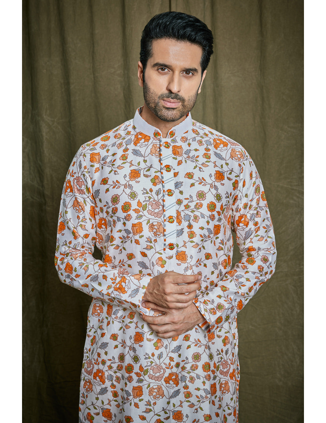 Orange Floral Printed Chanderi Silk Kurta