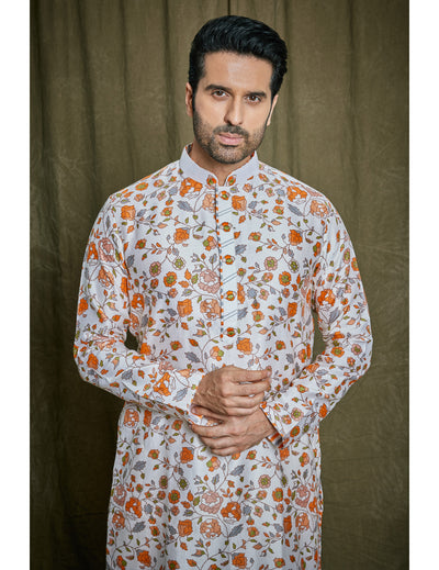 Orange Floral Printed Chanderi Silk Kurta