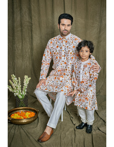 Orange Floral Printed Chanderi Silk Kurta