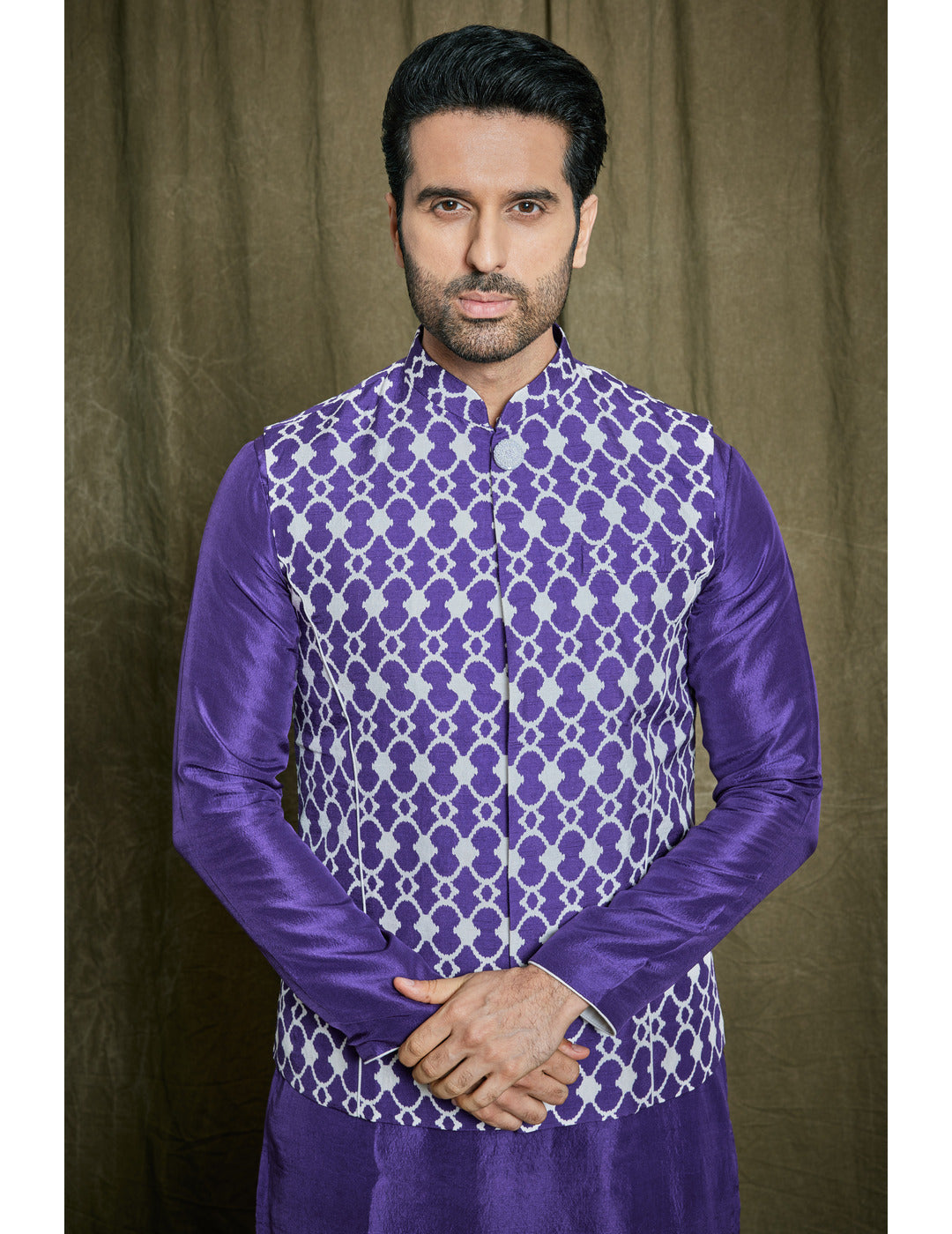Purple Silk Kurta Set with Bandi