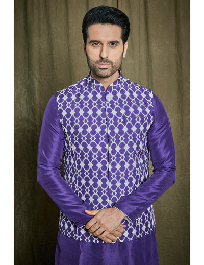 Purple Silk Kurta Set with Bandi