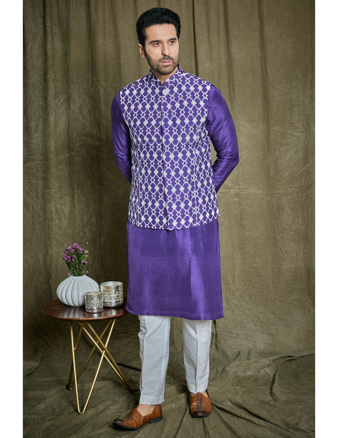 Purple Silk Kurta Set with Bandi