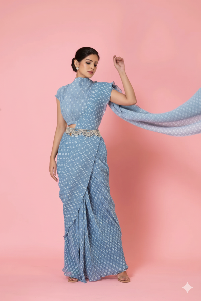 Pre-Draped Ash Grey Digital Print Saree