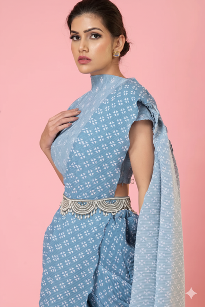 Pre-Draped Ash Grey Digital Print Saree