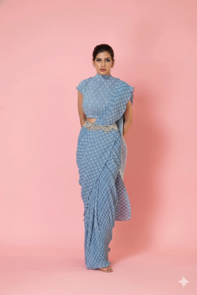 Pre-Draped Ash Grey Digital Print Saree