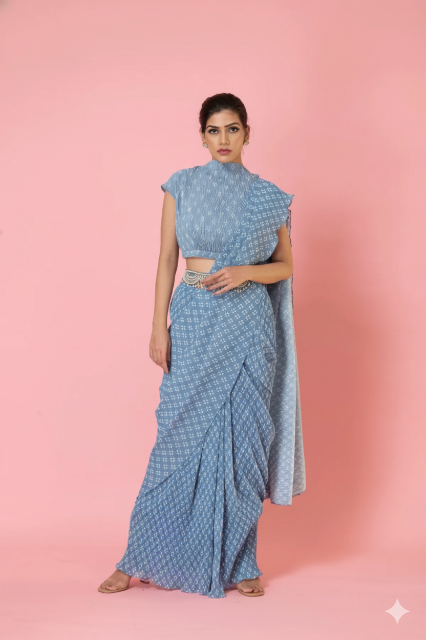 Pre-Draped Ash Grey Digital Print Saree