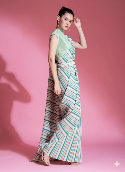 Pre-Draped Sea Foam Green Pleated saree