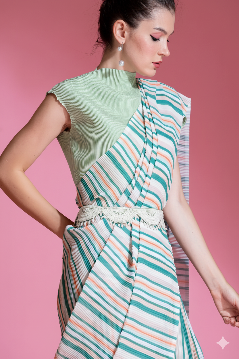 Pre-Draped Sea Foam Green Pleated saree