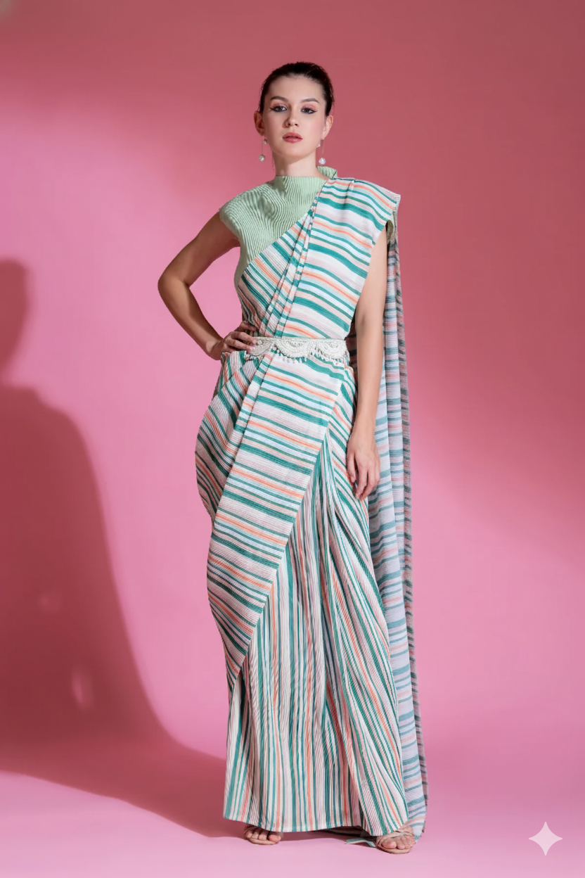 Pre-Draped Sea Foam Green Pleated saree
