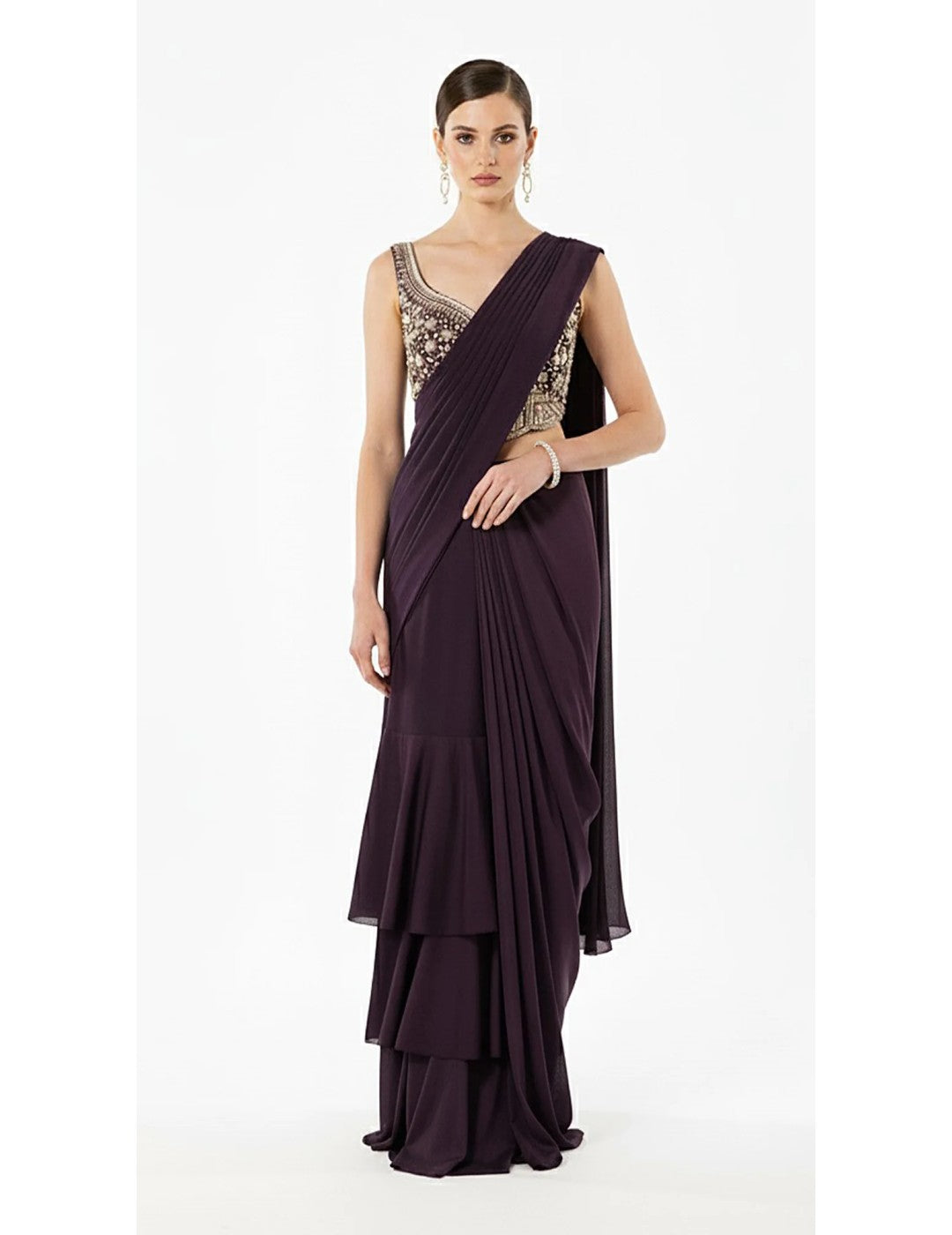 Purple Embroidered Draped Saree