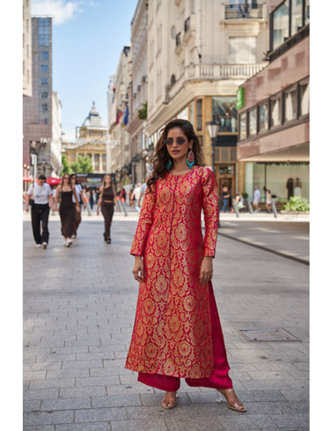 Pink Brocade Jacket With Straight Pants
