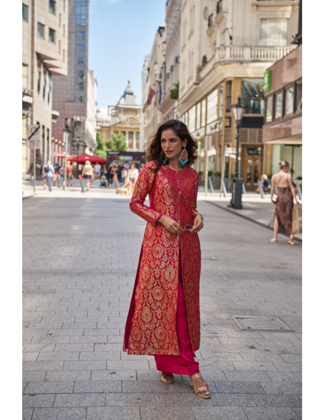 Pink Brocade Jacket With Straight Pants