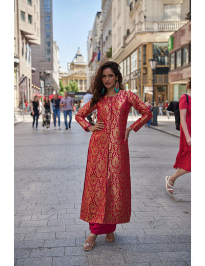 Pink Brocade Jacket With Straight Pants