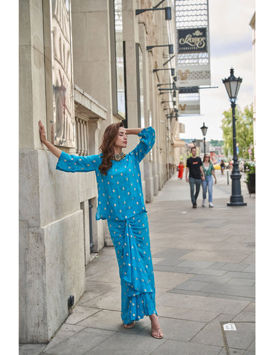 Aqua Blue Drop Sleeves Embroidered Chinon Top With Front Pleated Skirt