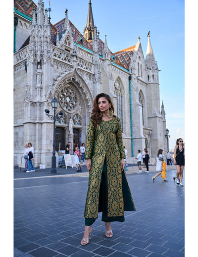 Bottle Green Brocade Jacket With Straight Pants