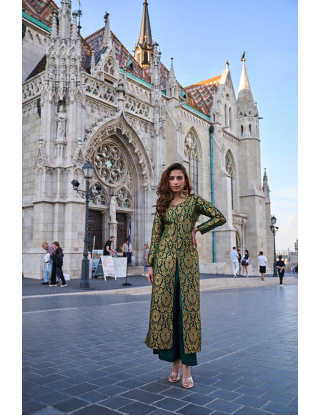 Bottle Green Brocade Jacket With Straight Pants