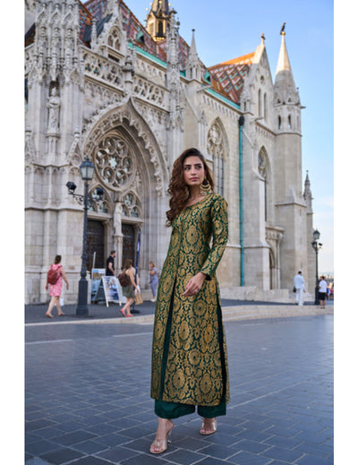 Bottle Green Brocade Jacket With Straight Pants