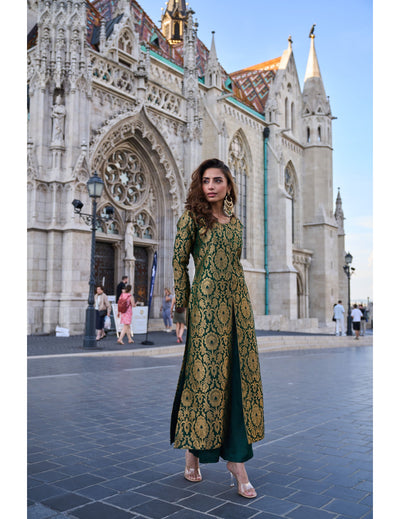 Bottle Green Brocade Jacket With Straight Pants