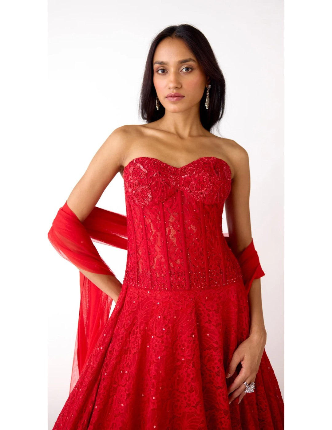 Red Chantley Net Embroidered Lehenga Set