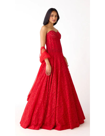 Red Chantley Net Embroidered Lehenga Set