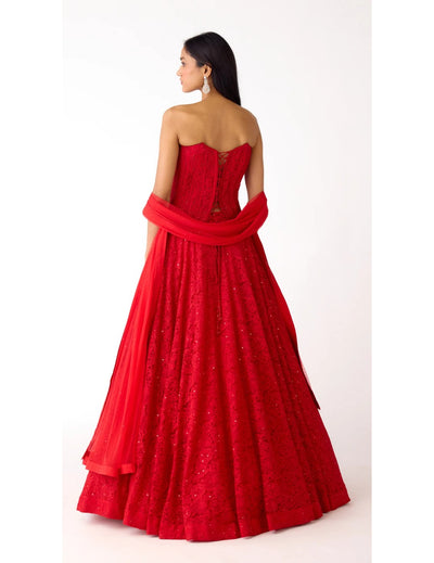 Red Chantley Net Embroidered Lehenga Set