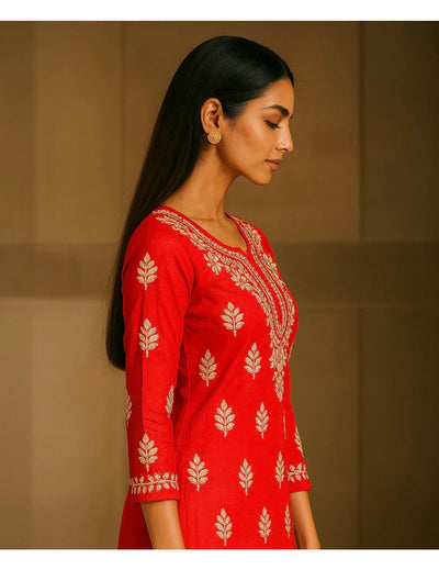 粉色 Chikankari 直筒 Kurta