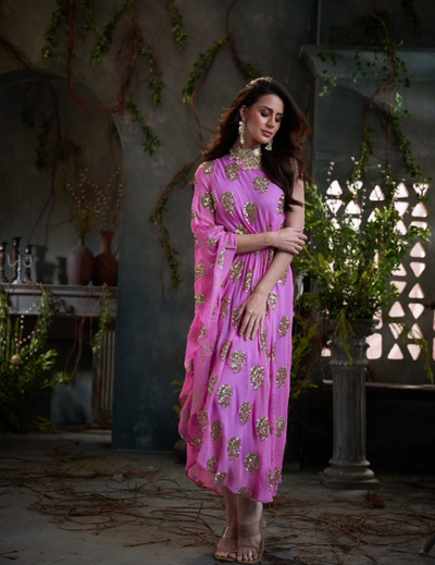 Pink One Shoulder Embroidered Georgette Midi Dress