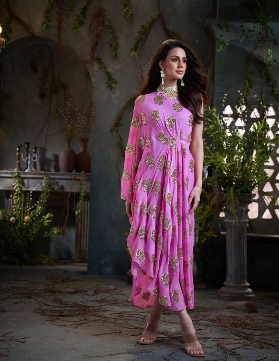 Pink One Shoulder Embroidered Georgette Midi Dress