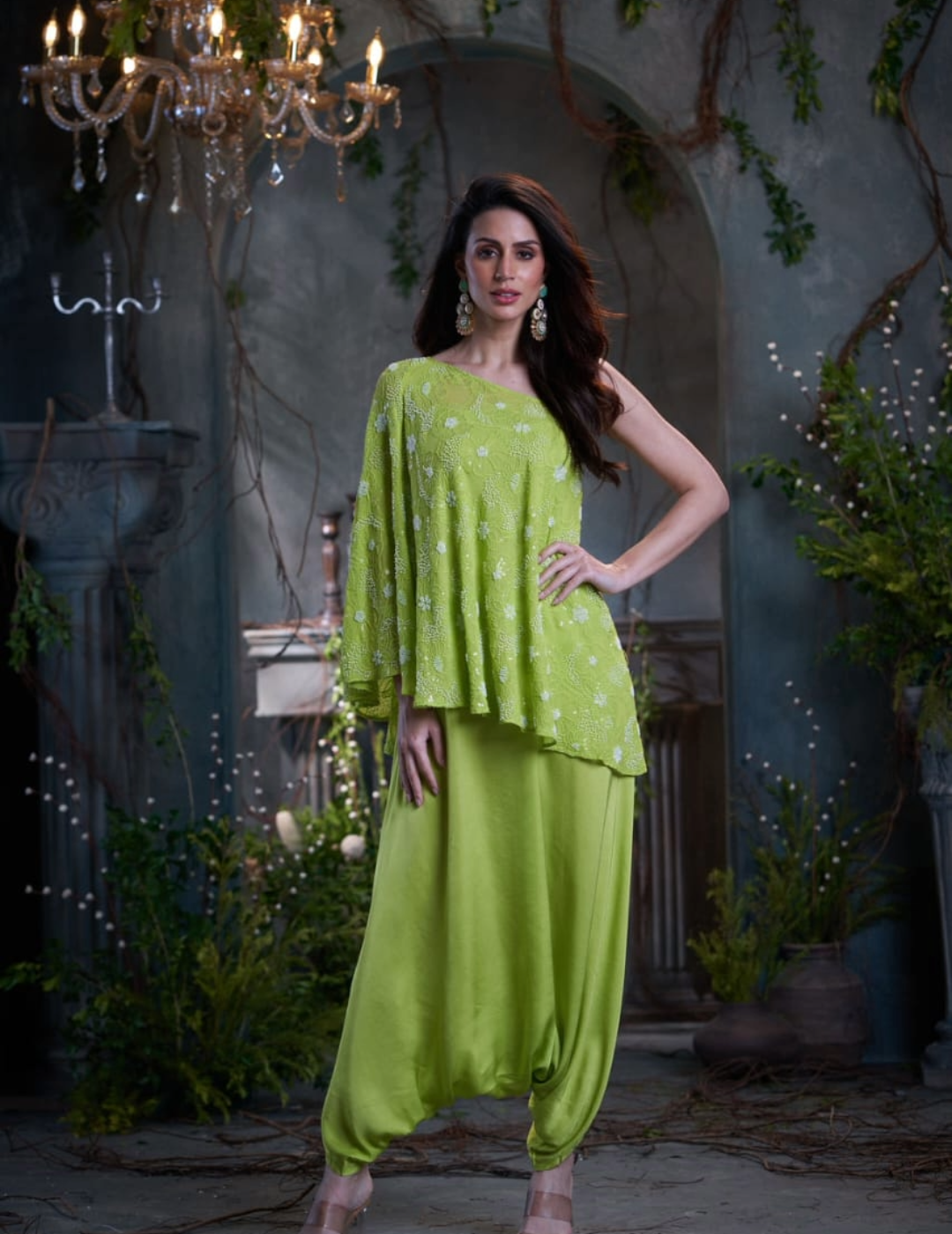 Green Georgette & Silk Beaded One Shoulder Top With Jumper