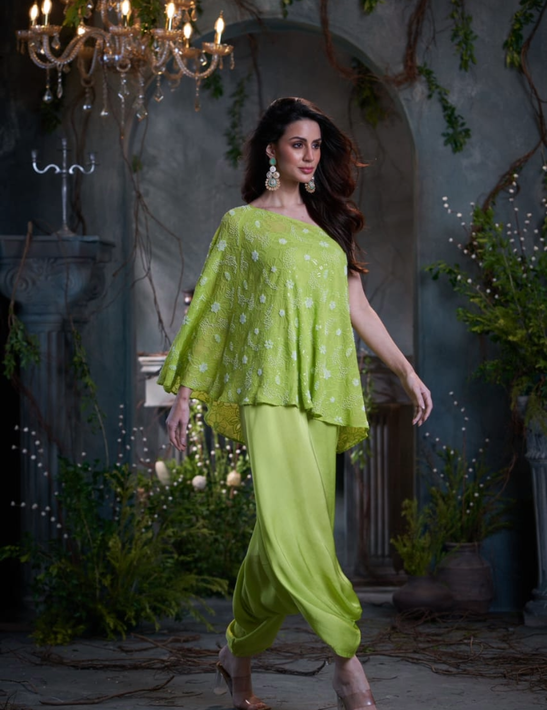 Green Georgette & Silk Beaded One Shoulder Top With Jumper